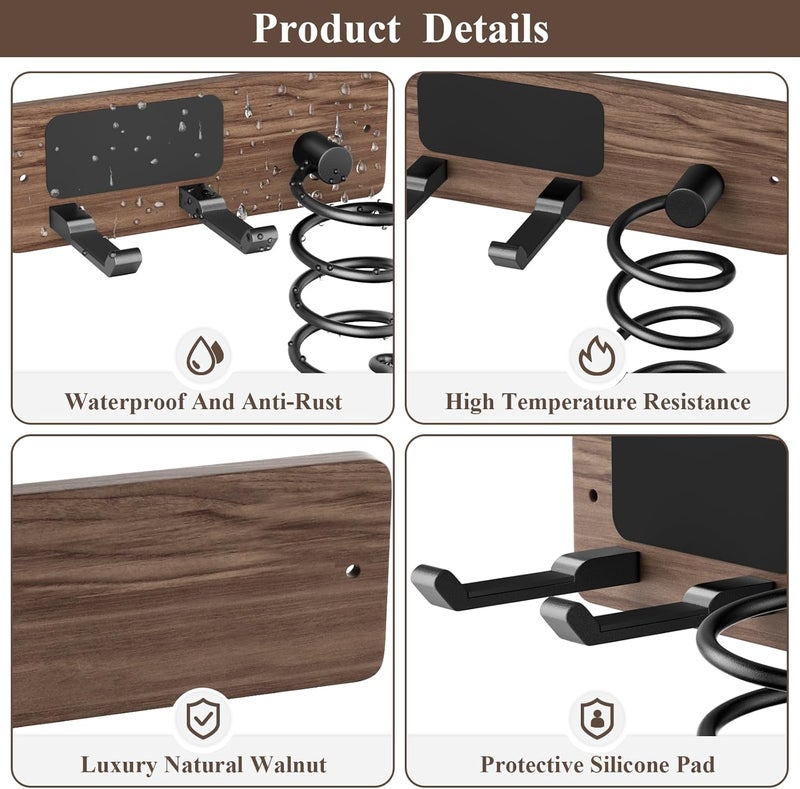Tindbea Hair Dryer Holder Curling Iron Holder, Blow Dryer Holder Wall Mount, Bathroom Hair Tool Organizer Rack for Universal Dryer, Walnut Matte Black - Image 4